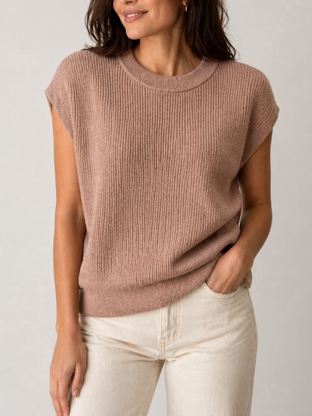 Haven Well Within Cotton Cashmere Blend Cap-Sleeve Ribbed Sweater Size S